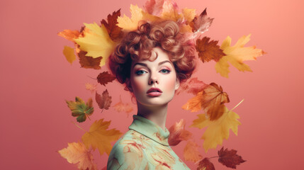 Beautiful young woman with curly hair surrounded with autumn leaves against pastel red background. Generative AI.