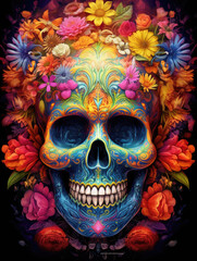 Vibrant illustration presented in psychedelic style. A skull embellished with flower and painted with tattoos. Generative AI.