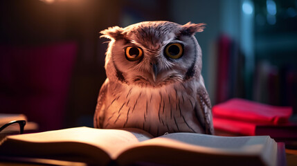 Generative AI, smart owl reads a book sitting at a table in the dark, science, literature, study, study, table lamp, evening light, student, knowledge, library, textbook, reading