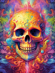 Illustration of a carved and tattooed skull  presented in a vivid and psychedelic artistic manner. Generative AI.