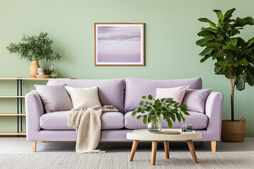 Empty lilac Wall, Full of Potential: Modern sage green Sofa and Stylish Decor Await Your Frames & Text - Minimalist Interior Living Room Design
