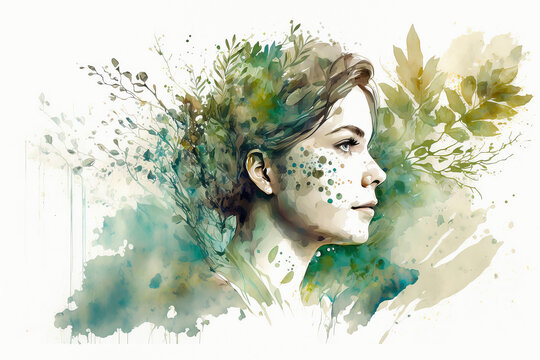 Double exposure portrait woman with a plants and leaves. Colorful creative watercolor illustration. Generative Ai