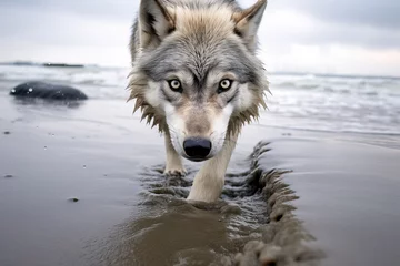 Deurstickers Beautiful Wild Gray wolf walking on the beach sand. Amazing Wildlife. Generative Ai © Shootdiem