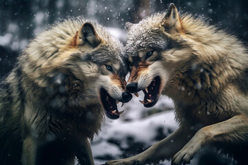 Stunning gray wolves fighting in snow. Amazing wild life. Generative Ai