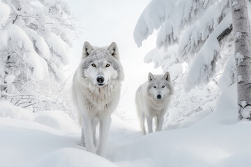 Gray wolves in the cold snowy winter forest. Amazing Wildlife. Generative Ai