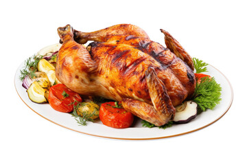 A whole chicken grilled on a plate with vegetables, isolated, white background, generative ai