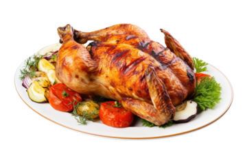 A whole chicken grilled on a plate with vegetables, isolated, white background, generative ai