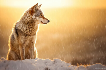 Fototapeta premium Gray wolf in the cold snowy winter landscape at sunset. Amazing Wildlife. Generative Ai