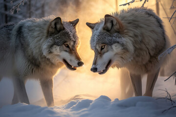 Fototapeta premium Stunning gray wolves fighting in snow. Amazing wild life. Generative Ai