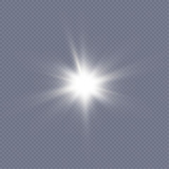 Flash of light, sun, twinkle. The bright sun shines with warm rays, vector illustration Glow of a bright star on a transparent background. Vector