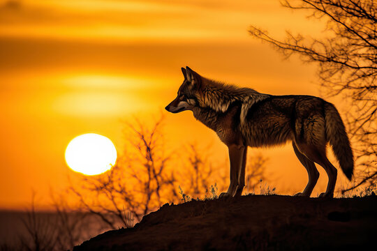 Wild Gray wolf walking in the forest at sunset with Giant sunset in the background. Amazing wildlife. Generative Ai