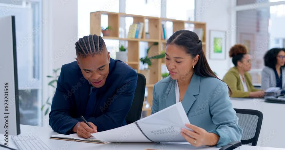 Poster Documents, teamwork and project management with business people in meeting for planning, coaching and idea. Learning, research and networking with employees in office for collaboration and internship