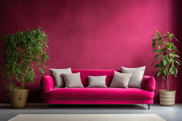 Empty pink Wall, Full of Potential: Modern white Sofa and Stylish Decor Await Your Frames & Text - Minimalist Interior Living Room Design
