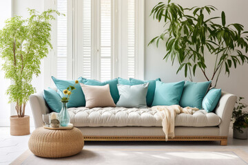 Empty white Wall, Full of Potential: Modern turquoise Sofa and Stylish Decor Await Your Frames & Text - Minimalist Interior Living Room Design
