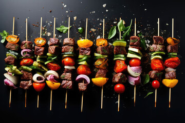 Beef And Vegetable Kebabs Aesthetically Beautiful On A Black Background. Generative AI