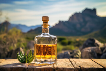 Unlabeled Bottle Of Tequila With Picturesque Rustic Background. Generative AI - obrazy, fototapety, plakaty
