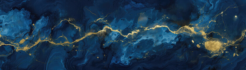 Blue Marble Textured Background With Gold. Panoramic Banner. Generative AI