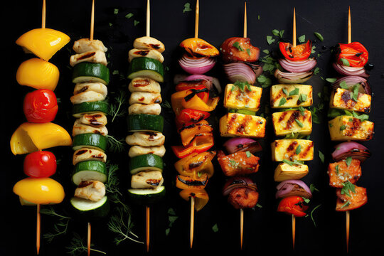 Chicken And Vegetable Kebabs Aesthetically Beautiful Minimalist Style On A Black Background. Generative AI