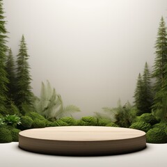 wooden podium platform in the middle of a mossy forest, created by Generative AI