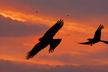 Fototapeta na wymiar Ravens passing by the setting sun