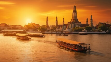 Fototapeta premium Wat arun in sunset at Bangkok,Thailand. Landmark, Chao Phraya River. Generate Ai