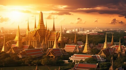 Fototapeta premium Grand palace and Wat phra keaw at sunset Bangkok, Thailand. Beautiful Landmark. Temple of the Emerald Buddha. Generate Ai