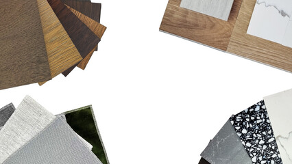 interior material samples including wooden laminated and vinyl flooring tiles swatch, marble stone...