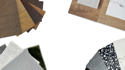 interior material samples including wooden laminated and vinyl flooring tiles swatch, marble stone quartz swatch, fabric draperies, ceramic tile isolated on background with clipping path.