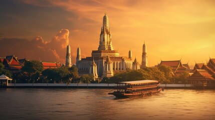 Obraz premium Wat arun in sunset at Bangkok,Thailand. Landmark, Chao Phraya River. Generate Ai