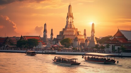 Fototapeta premium Wat arun in sunset at Bangkok,Thailand. Landmark, Chao Phraya River. Generate Ai