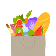 Eco bag with food - meat, water, vegetables, fruits, oil. Illustration on transparent background