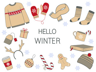 Cozy winter. Set of elements. Cute sweater, mittens, sock, hat, scarf, cup, snowflakes, gingerbread man, book, Christmas ball and tea bag. Illustration on transparent background