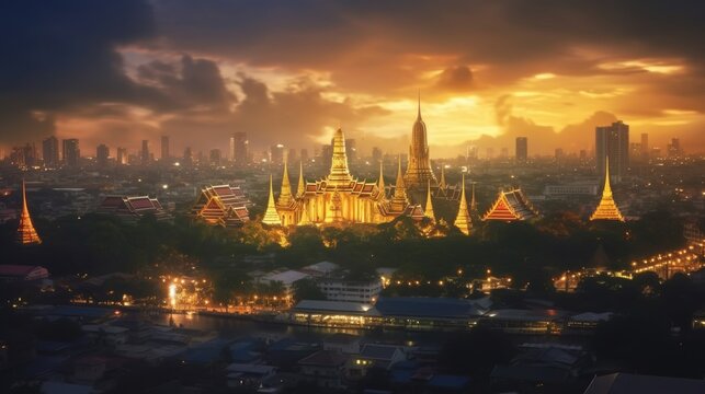 Grand palace and Wat phra keaw at sunset Bangkok, Thailand. Beautiful Landmark. Temple of the Emerald Buddha. Generate Ai