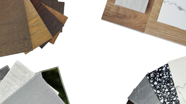 interior material samples including wooden laminated and vinyl flooring tiles swatch, marble stone quartz swatch, fabric draperies, ceramic tile isolated on background with clipping path.