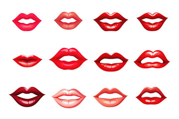 Set Womans Mouths With Red Lips Smiling On White Background. Generative AI