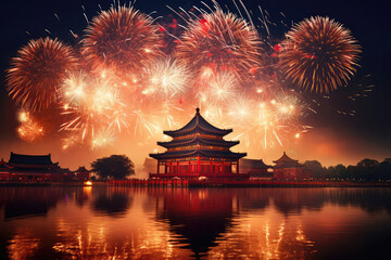 Traditional Chinese Fireworks Illuminating The Night Sky In Celebration Chinese New Year. Generative AI