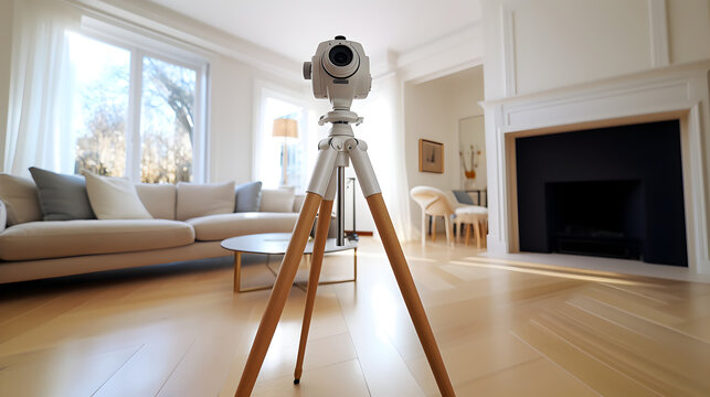 caméra 360 degrés posé sur un trépied, dans un salon moderne pour création d'une visite virtuelle