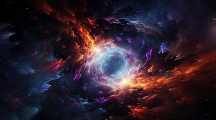 Fototapeta na wymiar Abstract representation of a black hole, swirling vortex of colors, vibrant nebulas, gravitational lensing effect