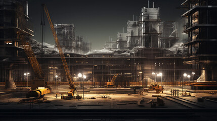 An intricate 3D rendering of a bustling construction site, detailed textures of concrete and steel, in a high - resolution macro shot, hyper - realistic lighting effects