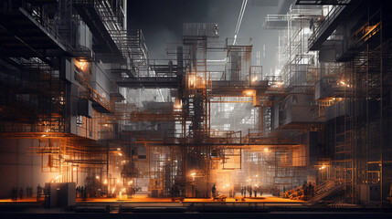 An intricate 3D rendering of a bustling construction site, detailed textures of concrete and steel, in a high - resolution macro shot, hyper - realistic lighting effects