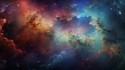 Fototapeta na wymiar Colorful nebula, cosmic clouds, gas formations, clusters of stars, vivid colors, digitally painted