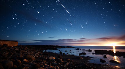 Comet streaking across a night sky filled with a sea of stars, long exposure style, blur and movement, celestial event