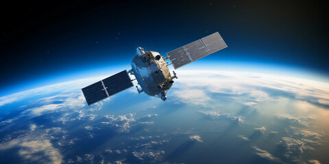  a satellite in orbit around Earth, showcasing intricate technology details, planet's blue curvature in the background