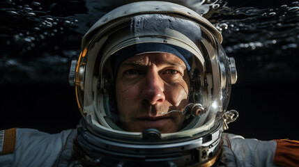 Highly detailed portrait of an astronaut floating in the vastness of space, Earth visible in the reflection of his visor, weightless