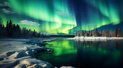 Aurora Borealis, dancing green and blue lights illuminating the night sky, snowy landscape in the foreground
