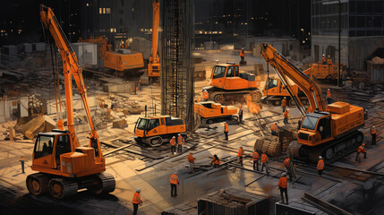 A bird's eye view of a bustling construction site at dawn, detailed machinery at work, with vibrant neon safety vests standing out, sketched in charcoal