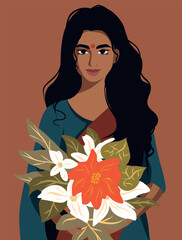 Vector icon of social media avatar girl indian girl from india holding a bouquet of flowers. International Women's Day. Indian culture. Portrait of a young woman of national image