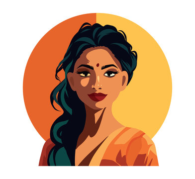 Vector icon of social media avatar girl indian girl from india. Indian culture. Portrait of a young woman of national image. Flat graphic cartoon illustration