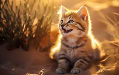 Adorable Kitten Basking in Sunset Rays on the Sandy Beach