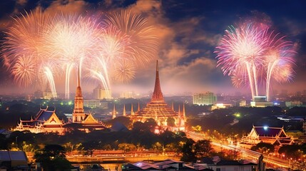 Naklejka premium Happy new year in the capital there are fireworks in the sky at night. Generate Ai